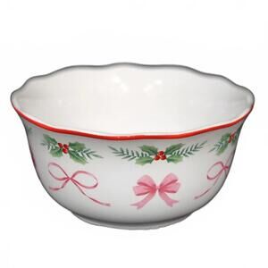 4 PINKMAS Salad Bowls Pink Bows Christmas 6" Porcelain Holly Berries 222 Fifth